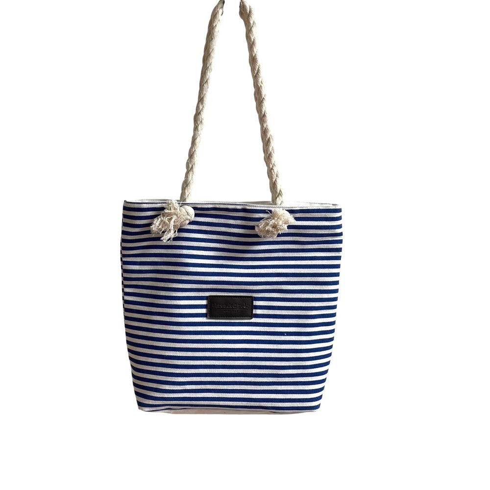Threaded Pear Tote Bag Womens Blue White Nautical Striped Rope Handle Canvas‎